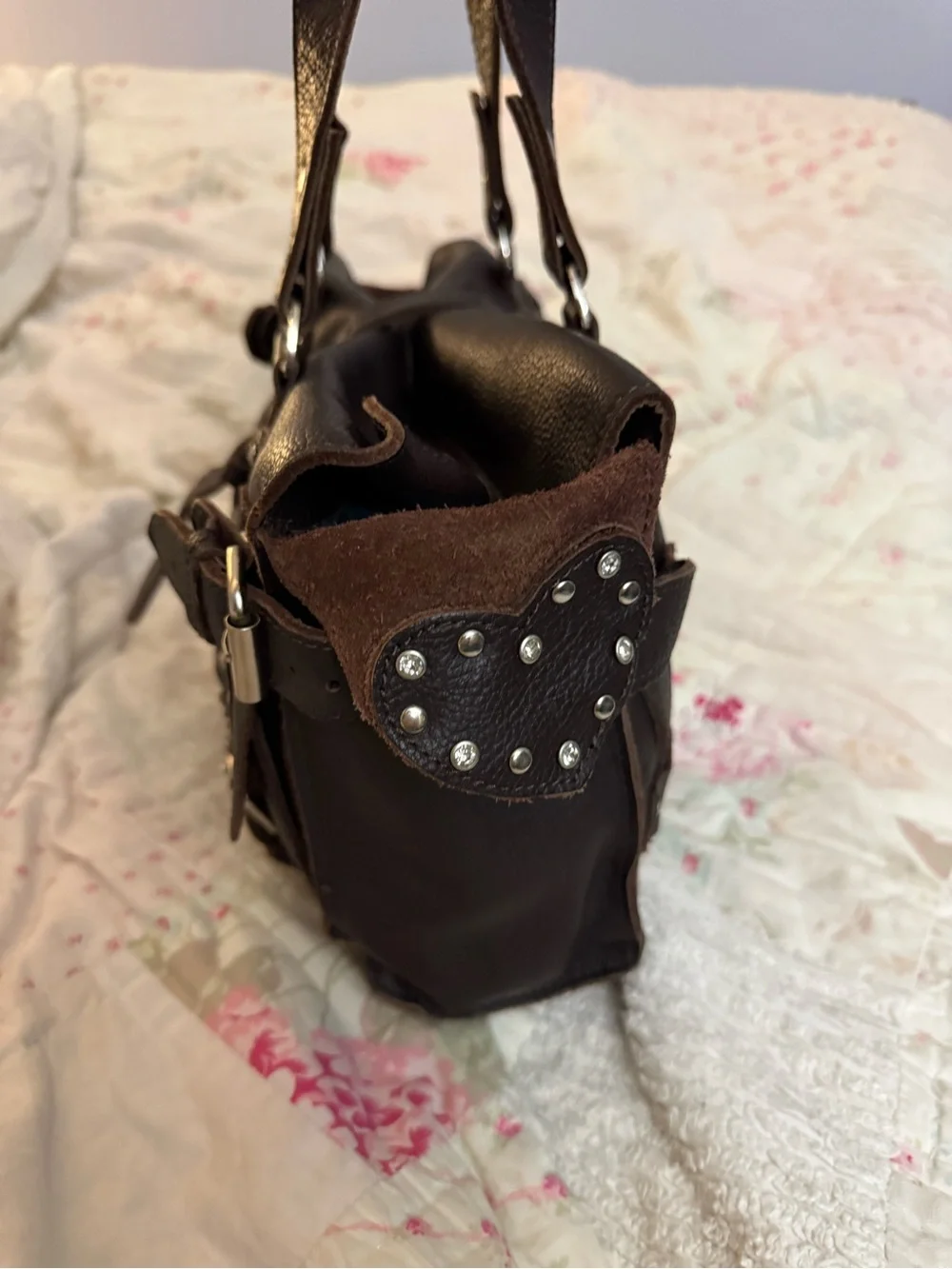 Hand Crafted Dark Brown Genuine Leather Biker Satchel Bag with Stud Heart Pocket